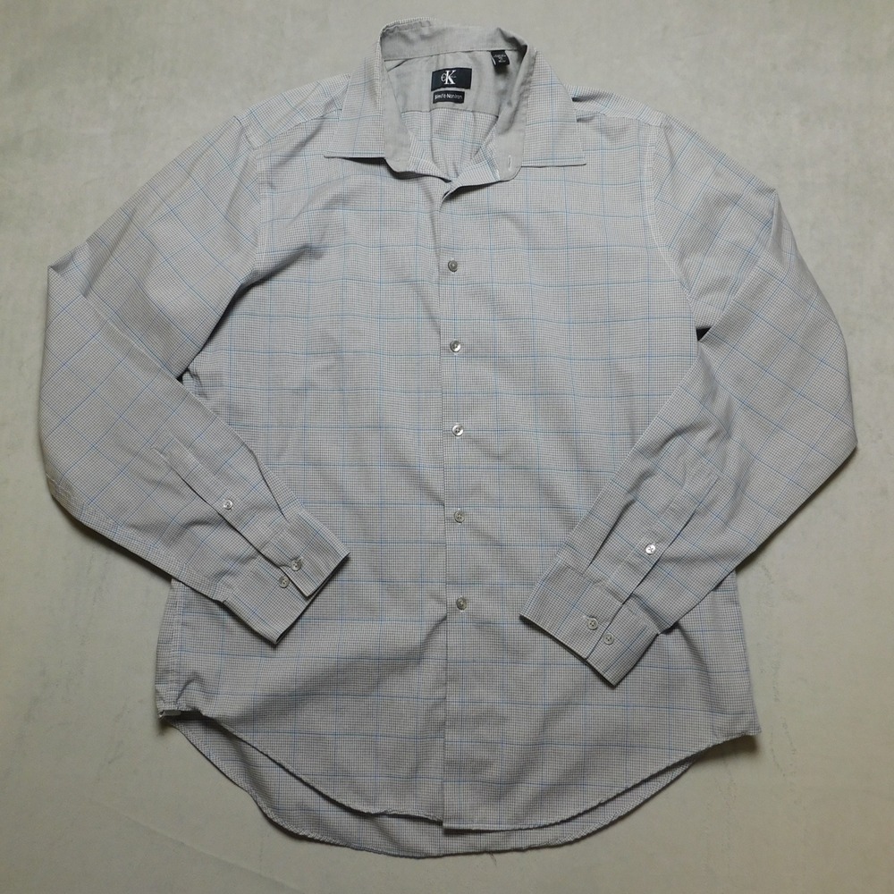 Calvin Klein Mens Slim Fit Non Iron Dress Shirt Grey Blue Grid Check XL 17 36/37